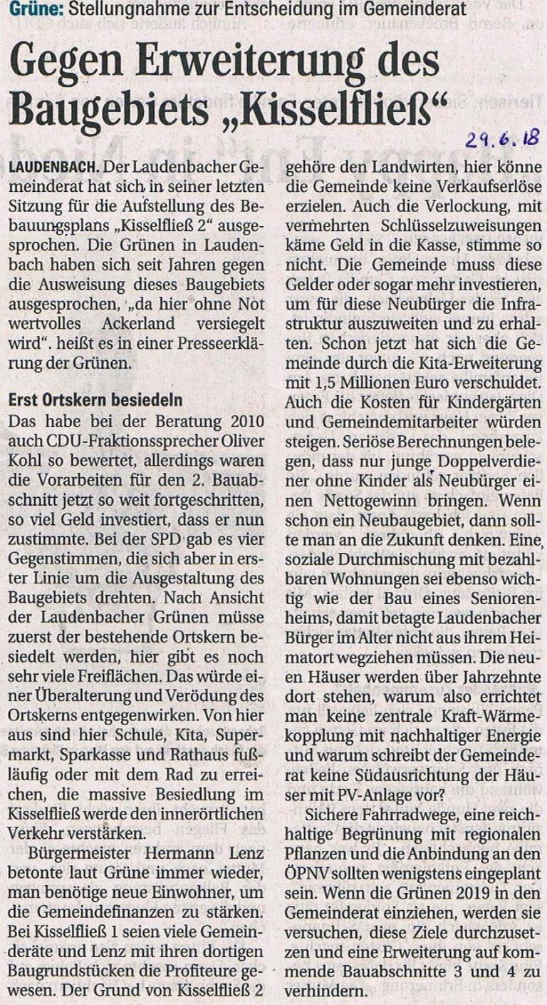 Gegen die Erweiterung Baugebiet Kisselfließ